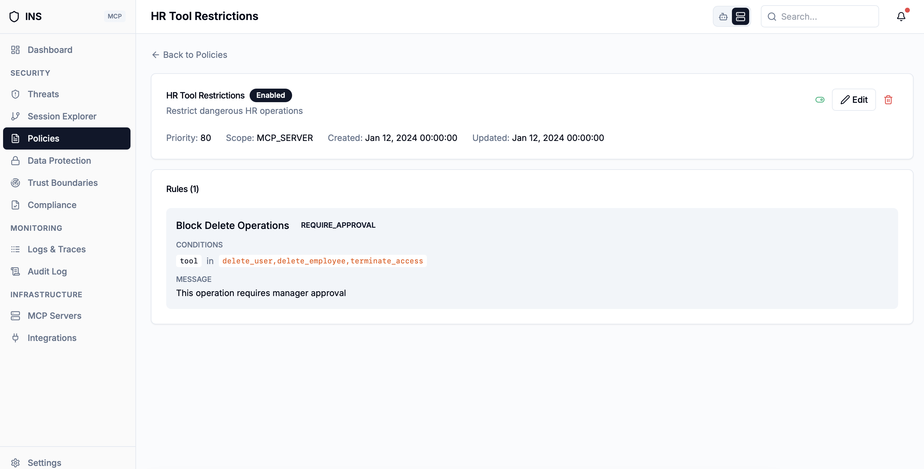 MCP policy management interface for AI agent access control with deny, mask, notify, and require approval actions