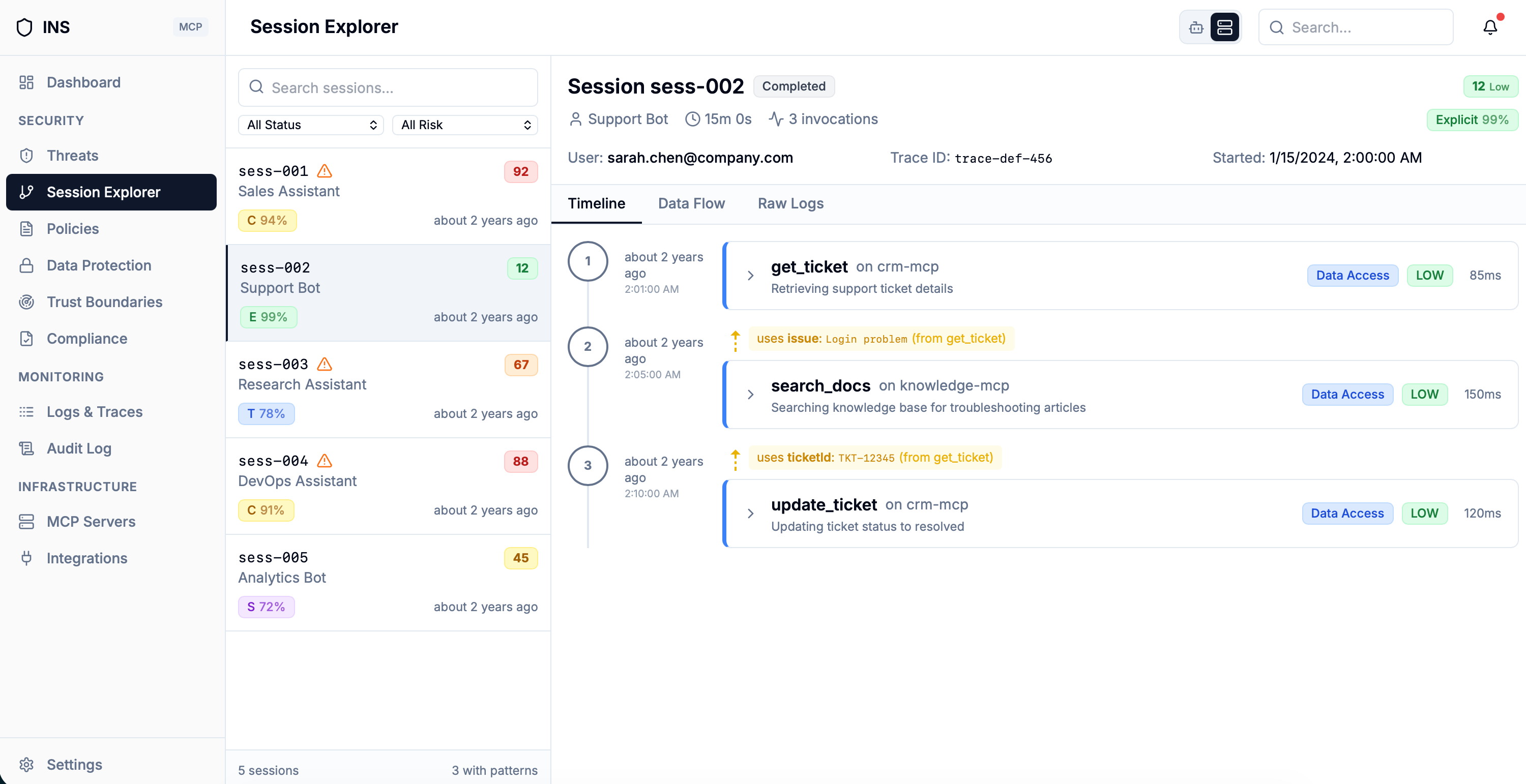 AI agent session correlation tracking multi-step tool calls and data exfiltration chains across MCP requests