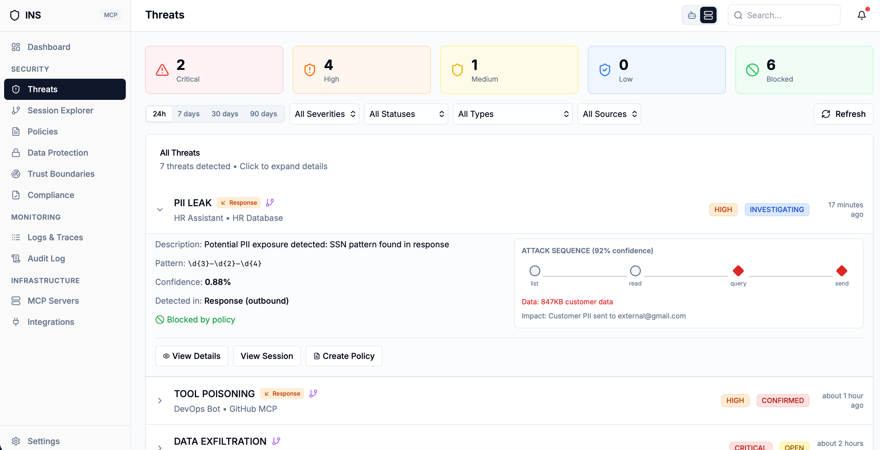 MCP threat detection dashboard with tool poisoning, prompt injection, and rug pull attack alerts for AI agents